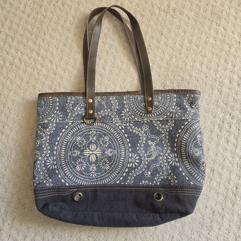 Myra Blue Canvas Boho Geometeric Tote Bag With Zipper Closure